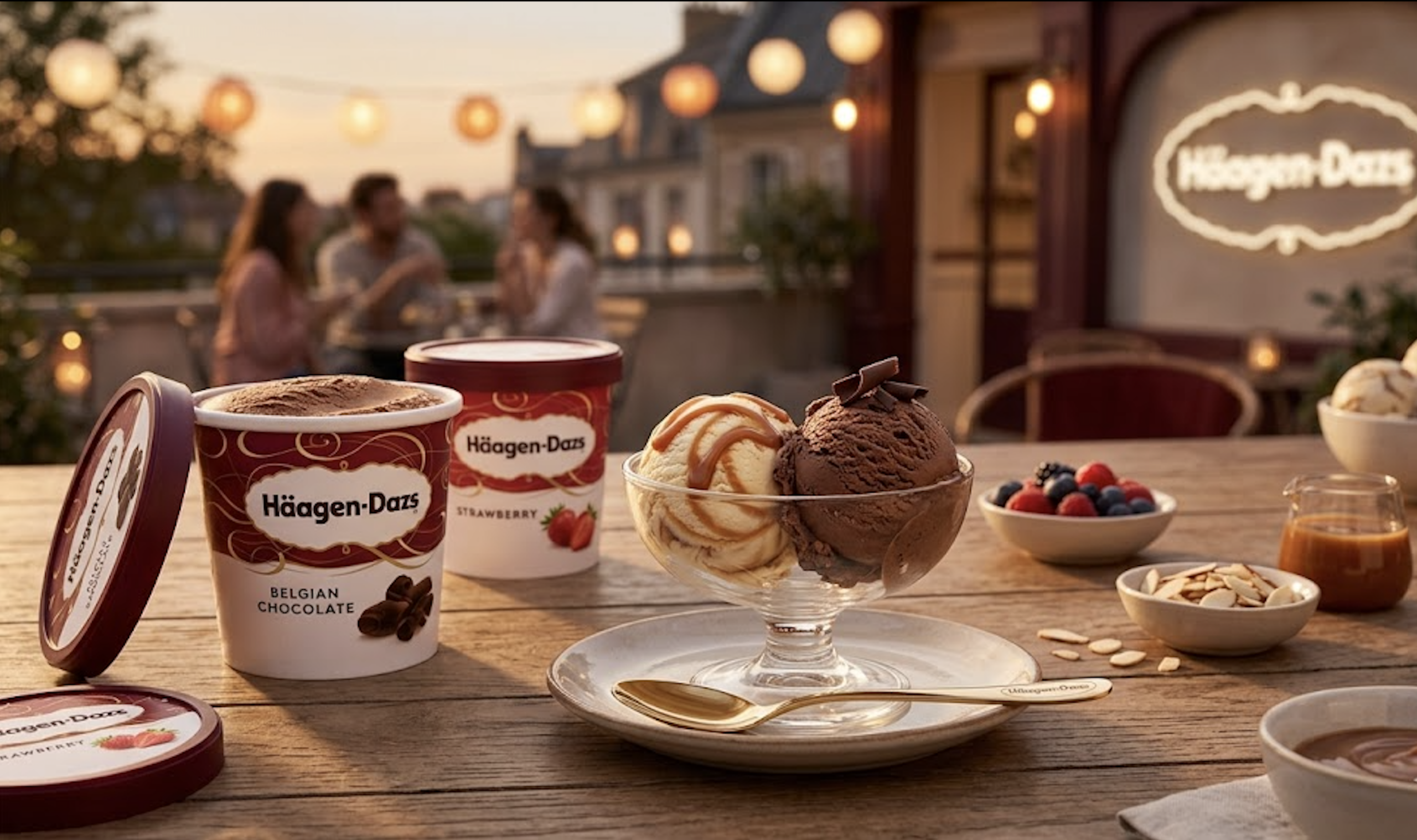 Häagen-Dazs ice cream tubs and a gourmet chocolate scoop served on a luxury rooftop terrace during sunset.