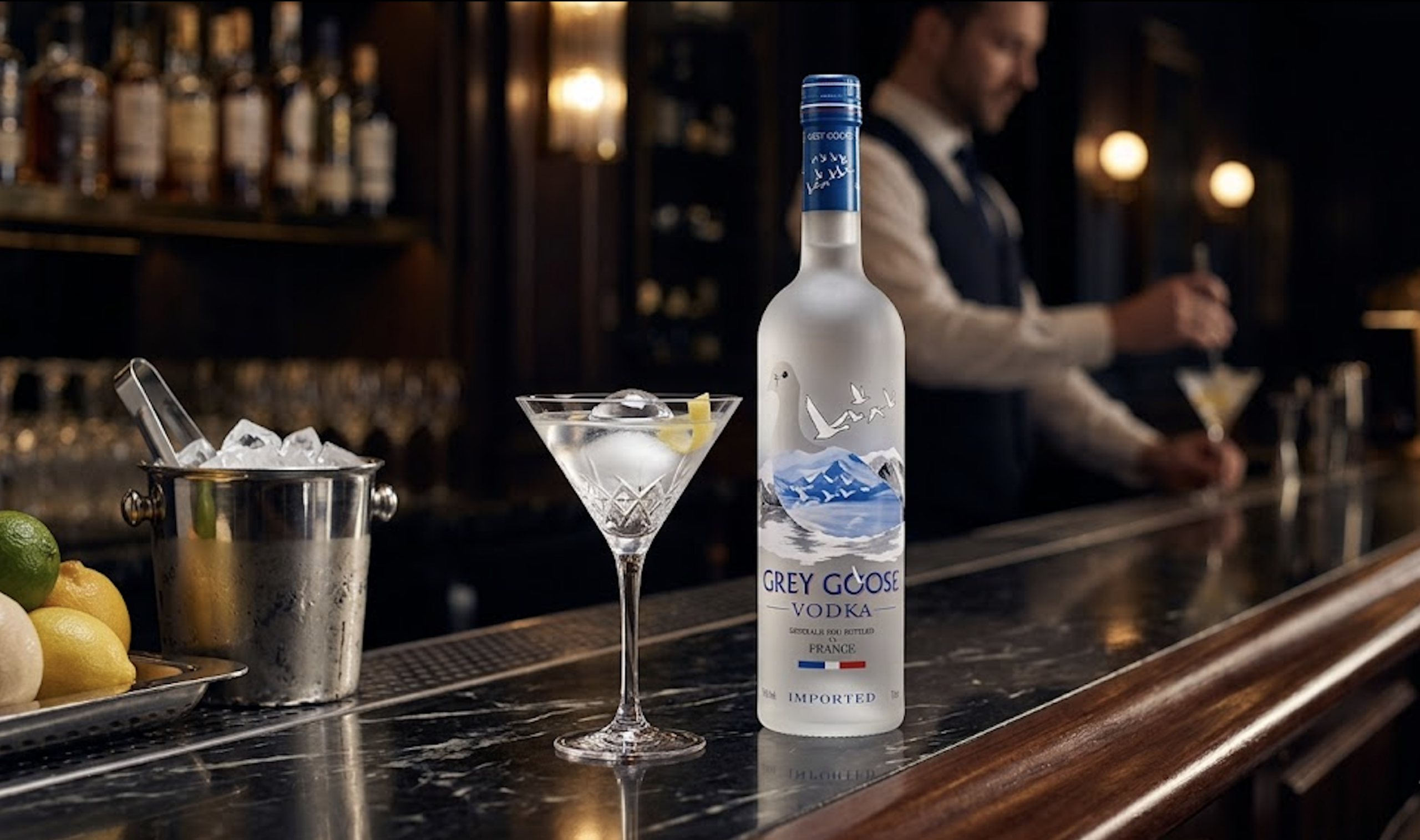Grey Goose vodka bottle and a luxury cocktail at an elite bar—demonstrating premium brand positioning.