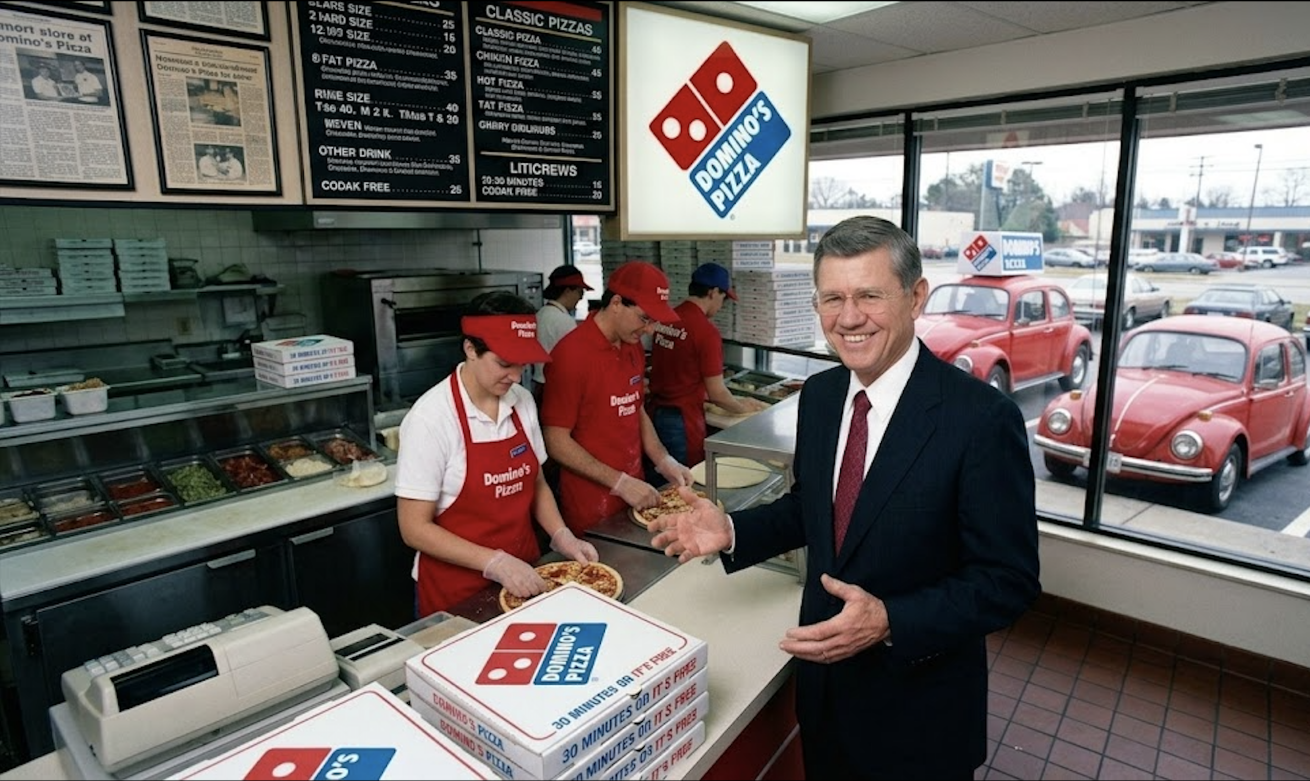 Tom Monaghan, the founder of Domino's Pizza, standing in a pizza shop with staff members.