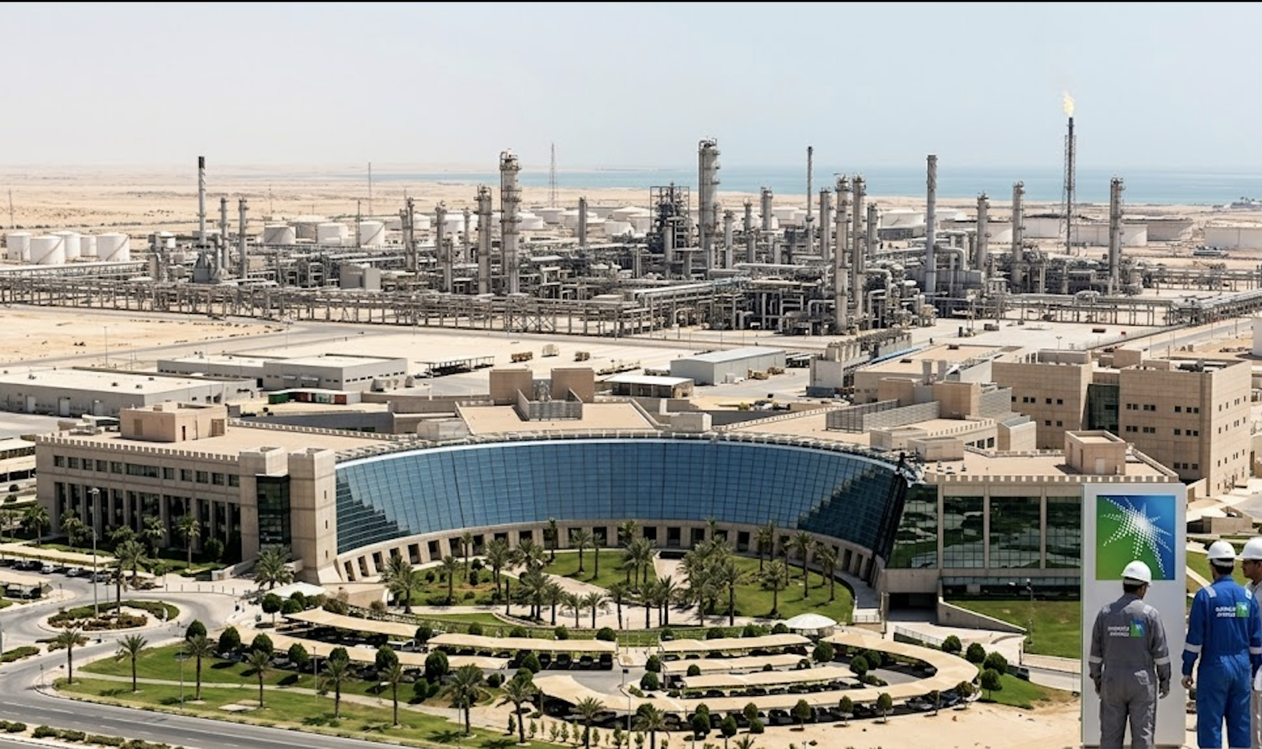 Aerial view of the Saudi Aramco headquarters and advanced oil refinery facility in Dhahran—showcasing global energy infrastructure.
