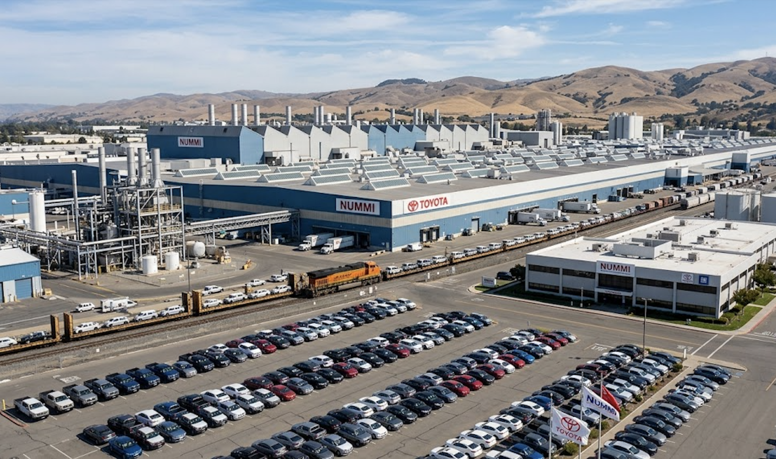 Aerial view of the NUMMI manufacturing plant in Fremont, California, illustrating the historic site of the General Motors and Toyota joint venture and the birthplace of Lean Manufacturing in the U.S.